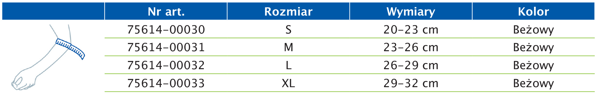 Tabela rozmiarów przedstawiająca wymiary opaski na łokieć Actimove Everyday Supports Tabela rozmiarów przedstawiająca wymiary opaski na łokieć Actimove Everyday Supports